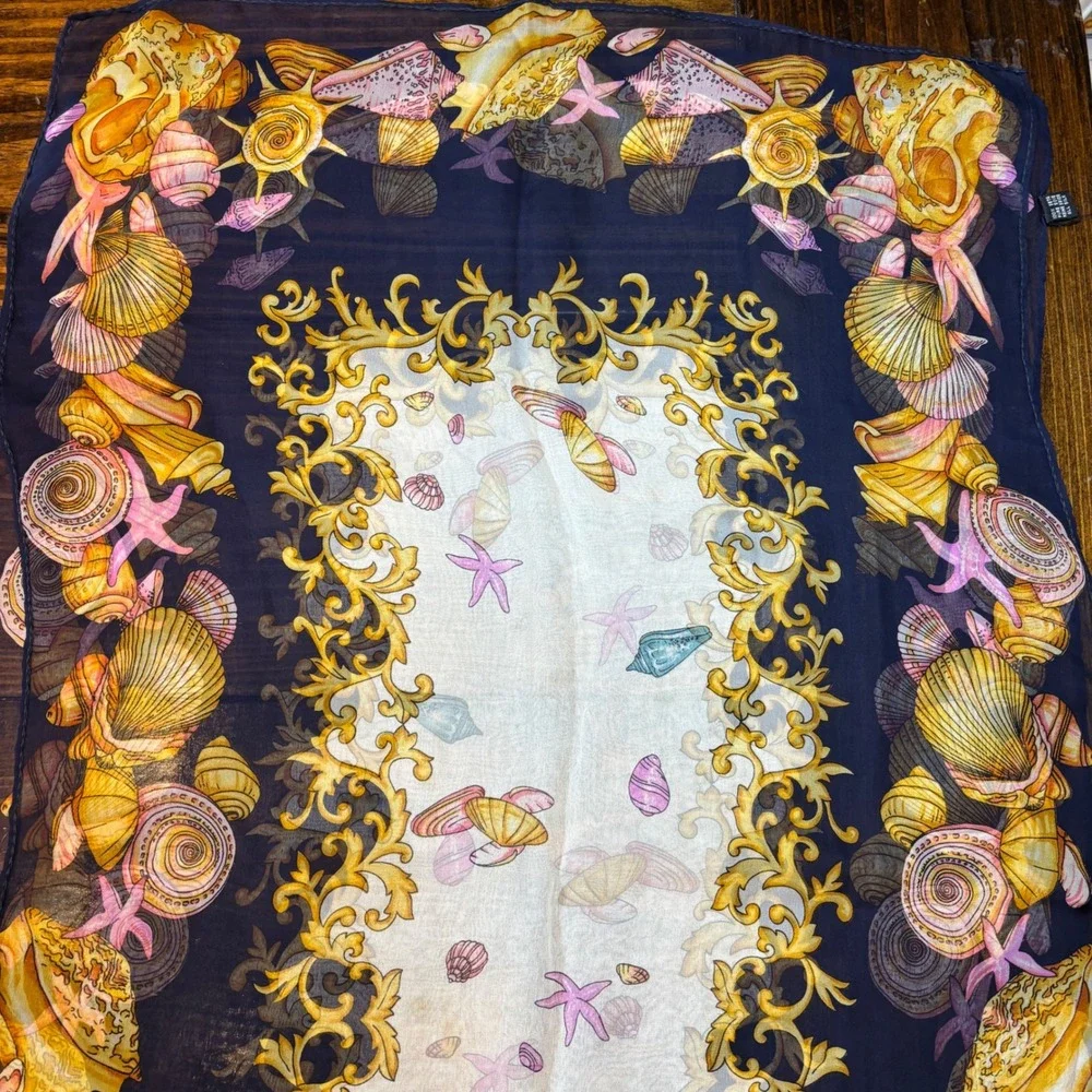 Vintage Navy Silk Scarf Seashells Coral Starfish Border Print 66x20 Large Italy - Picture 3 of 5